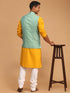 Vastramay Men's Green Jacquard Nehru Jacket with Kurta Pyjama Set